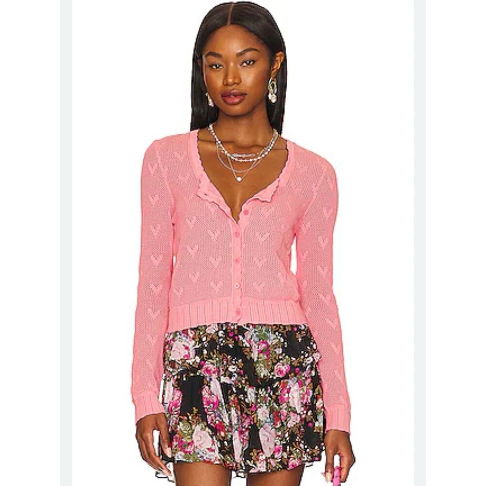 Loveshackfancy Pink Venice Cropped Pointelle Cardigan Heart Jacquard Pink Soirée